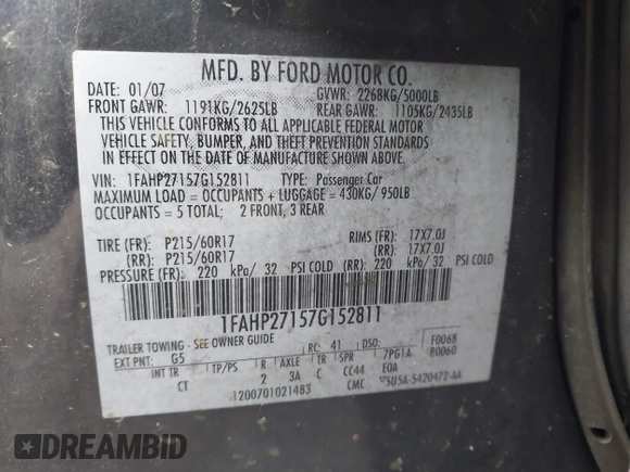 2007 Ford Five Hundred SEL z VIN 1FAHP27157G152811, wystawiony jako IAAI lot #41843996 z przebiegiem Nie podano mil oraz . Historia ofert i sprzedaży dostępna na DreamBid. Obrazek 9.