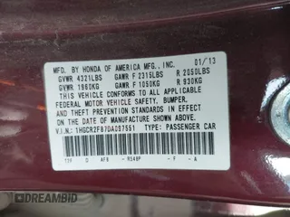 2013 Honda Accord EX-L with VIN 1HGCR2F87DA097551, listed as a IAAI auction lot 42236432 with 185,998 mi miles and . Bid and sale history available at DreamBid. Image 9.