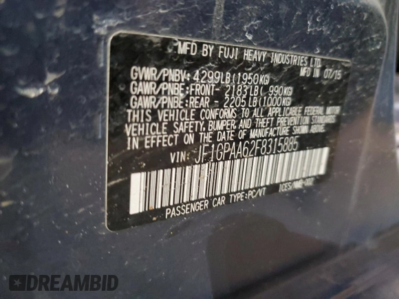 2015 Subaru Impreza 2.0i z VIN JF1GPAA62F8315885, wystawiony jako Copart lot #54012835 z przebiegiem 89 604 mil mil oraz Nie do naprawy • Non repairable. Historia ofert i sprzedaży dostępna na DreamBid. Obrazek 12.