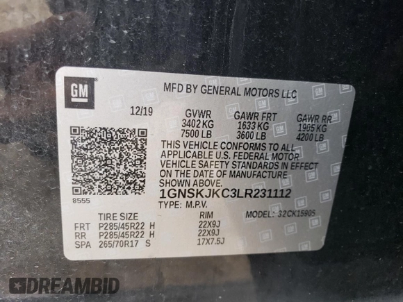 2020 Chevrolet Suburban Premier z VIN 1GNSKJKC3LR231112, wystawiony jako Copart lot #78086364 z przebiegiem 65 648 mil mil oraz Szkoda całkowita • Salvage title. Historia ofert i sprzedaży dostępna na DreamBid. Obrazek 16.