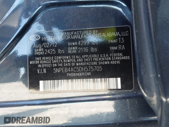 2013 Hyundai Sonata GLS with VIN 5NPEB4AC5DH575705, listed as a IAAI auction lot 41992709 with 181,331 mi miles and . Bid and sale history available at carsss.com. Image 9.