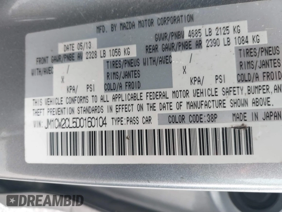 2013 Mazda 5 Touring with VIN JM1CW2CL5D0160104, listed as a IAAI auction lot 41722470 with 135,708 mi miles. Bid and sale history available at carsss.com. Image 9.