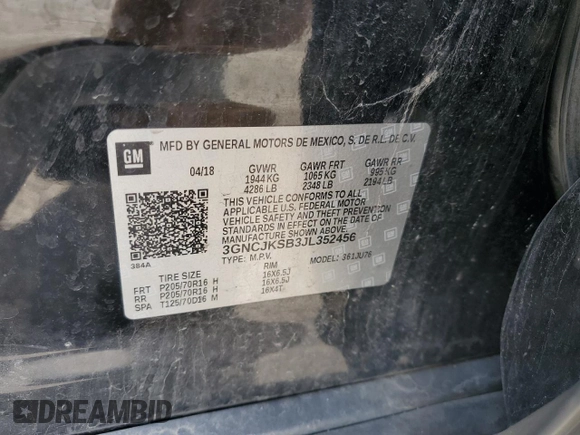 2018 Chevrolet Trax LS with VIN 3GNCJKSB3JL352456, listed as a Copart auction lot 53947745 with 113,001 mi miles and Salvage Title. Bid and sale history available at carsss.com. Image 13.