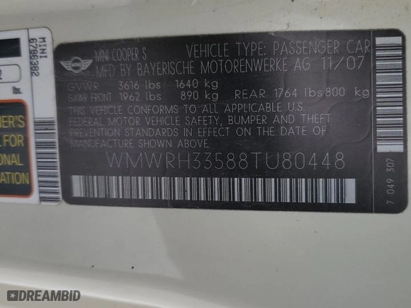 2008 MINI Cooper Convertible S with VIN WMWRH33588TU80448, listed as a Copart auction lot 87855235 with 0 mi miles and Salvage Title. Bid and sale history available at carsss.com. Image 14.