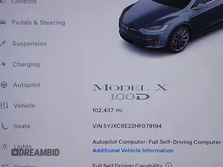 2017 Tesla Model X 90D with VIN 5YJXCBE22HF079194, listed as a IAAI auction lot 41895591 with 102,437 mi miles and . Bid and sale history available at DreamBid. Image 15.