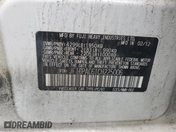 2012 Subaru Impreza Premium z VIN JF1GPAC61CH225006, wystawiony jako Copart lot #58039975 z przebiegiem 167 171 mil mil oraz Szkoda całkowita • Salvage title. Historia ofert i sprzedaży dostępna na DreamBid. Obrazek 12.