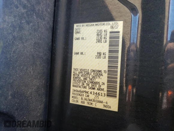 2017 Nissan Maxima SL with VIN 1N4AA6AP9HC434613, listed as a Copart auction lot 57560025 with 99,433 mi miles and Salvage title. Bid and sale history available at DreamBid. Image 12.