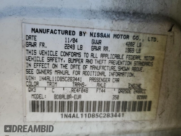 2005 Nissan Altima 2.5 S with VIN 1N4AL11D85C283441, listed as a Copart auction lot 50166585 with 197,843 mi miles and Salvage Title. Bid and sale history available at carsss.com. Image 12.