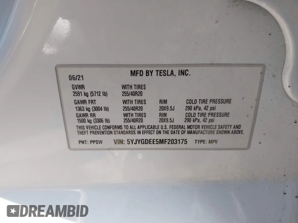 2021 Tesla Model Y Long Range with VIN 5YJYGDEE5MF203175, listed as a IAAI auction lot 41758334 with 63,387 mi miles and . Bid and sale history available at DreamBid. Image 9.