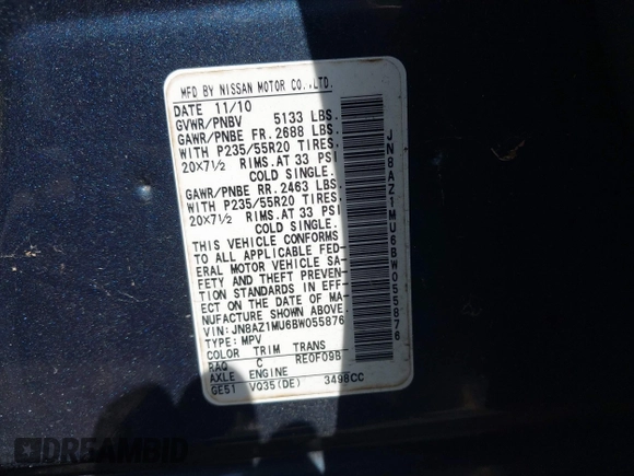 2011 Nissan Murano SL with VIN JN8AZ1MU6BW055876, listed as a IAAI auction lot 41942928 with 115,509 mi miles and . Bid and sale history available at DreamBid. Image 9.