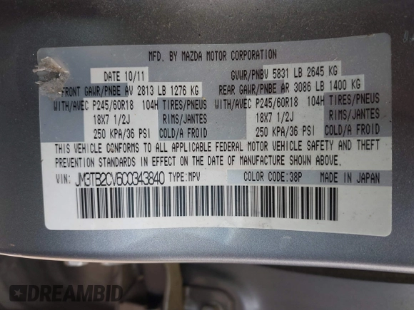 2012 Mazda CX-9 Touring with VIN JM3TB2CV6C0343840, listed as a IAAI auction lot 42221257 with 148,409 mi miles and . Bid and sale history available at carsss.com. Image 9.