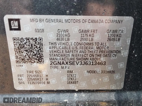 2018 Chevrolet Equinox LT with VIN 2GNAXSEV3J6313463, listed as a Copart auction lot 49032245 with 98,783 mi miles and Clean Title. Bid and sale history available at carsss.com. Image 15.