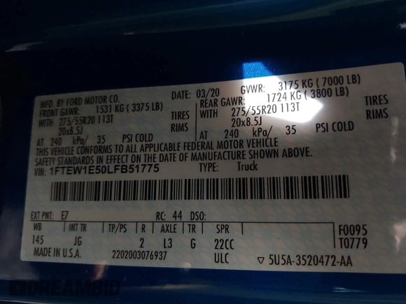 2020 Ford F-150 XL with VIN 1FTEW1E50LFB51775, listed as a IAAI auction lot 41706338 with 35,500 mi miles and . Bid and sale history available at DreamBid. Image 9.