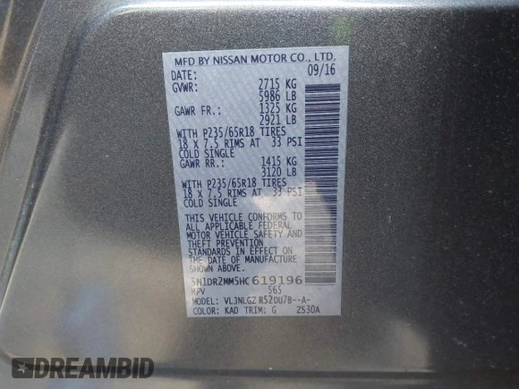 2017 Nissan Pathfinder SV with VIN 5N1DR2MM5HC619196, listed as a IAAI auction lot 41410299 with 105,446 mi miles. Bid and sale history available at carsss.com. Image 9.