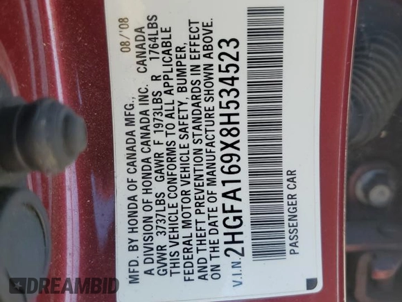 2008 Honda Civic EX-L z VIN 2HGFA169X8H534523, wystawiony jako Copart lot #58403395 z przebiegiem 184 220 mil mil oraz Szkoda całkowita • Salvage title. Historia ofert i sprzedaży dostępna na DreamBid. Obrazek 12.