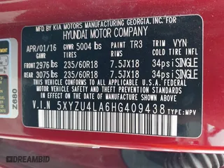 2017 Hyundai Santa Fe Sport 2.0T with VIN 5XYZU4LA6HG409438, listed as a IAAI auction lot 41680534 with 84,035 mi miles. Bid and sale history available at carsss.com. Image 9.