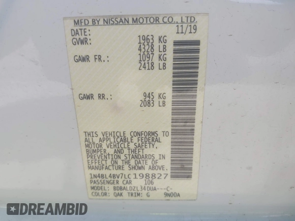 2020 Nissan Altima 2.5 S with VIN 1N4BL4BV7LC198827, listed as a IAAI auction lot 41906724 with 136,162 mi miles. Bid and sale history available at carsss.com. Image 9.
