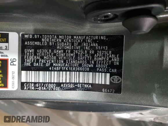 2014 Toyota Camry L with VIN 4T4BF1FK1ER366038, listed as a Copart auction lot 54561675 with 48,372 mi miles and Salvage Title. Bid and sale history available at DreamBid. Image 12.