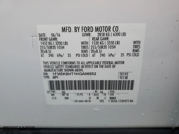 2017 Ford Explorer Platinum with VIN 1FM5K8HT1HGA06952, listed as a Copart auction lot 88350455 with 106,083 mi miles and Salvage Title. Bid and sale history available at carsss.com. Image 14.