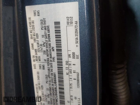 2020 Ford Escape SE с VIN 1FMCU9G68LUB86881, выставлен на аукционе Copart как лот 55262495 с пробегом 51 844 миль миль и Списание • Salvage title. История ставок и продаж доступна на DreamBid. Изображение 14.