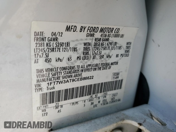 2012 Ford F-350 XL with VIN 1FT7W3AT9CEB86622, listed as a Copart auction lot 76817674 with 87,779 mi miles and Clean Title. Bid and sale history available at DreamBid. Image 12.