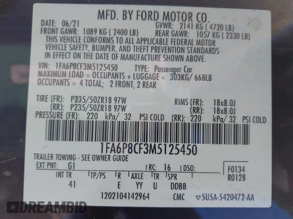 2021 Ford Mustang GT with VIN 1FA6P8CF3M5125450, listed as a IAAI auction lot 41632279 with 66,839 mi miles. Bid and sale history available at carsss.com. Image 9.