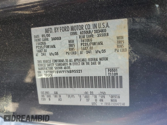 2000 Ford F-150 XL with VIN 1FTRF18W9YNB95521, listed as a Copart auction lot 57720434 with 203,143 mi miles and Clean title. Bid and sale history available at DreamBid. Image 12.