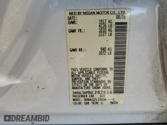 2016 Nissan Altima SV with VIN 1N4AL3AP0GC282616, listed as a Copart auction lot 82924914 with 177,444 mi miles and Salvage Title. Bid and sale history available at DreamBid. Image 13.