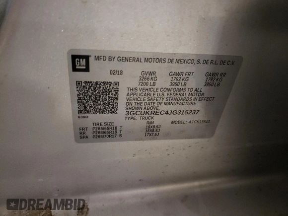 2018 Chevrolet Silverado 1500 LT with VIN 3GCUKREC4JG315237, listed as a Copart auction lot 47698355 with 88,705 mi miles and Salvage Title. Bid and sale history available at carsss.com. Image 12.