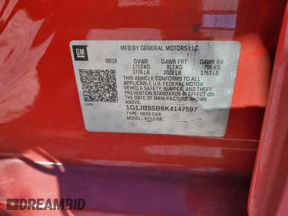 2019 Chevrolet Sonic LS z VIN 1G1JB5SB6K4147597, wystawiony jako Copart lot #46031495 z przebiegiem 59 905 mil mil oraz Szkoda całkowita • Salvage title. Historia ofert i sprzedaży dostępna na DreamBid. Obrazek 12.
