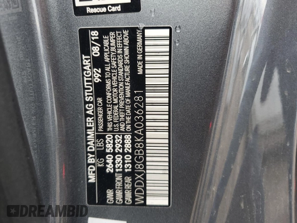 2019 Mercedes-Benz S-Class S 560 with VIN WDDXJ8GB8KA036281, listed as a Copart auction lot 78700314 with 56,453 mi miles and Salvage Title. Bid and sale history available at carsss.com. Image 15.