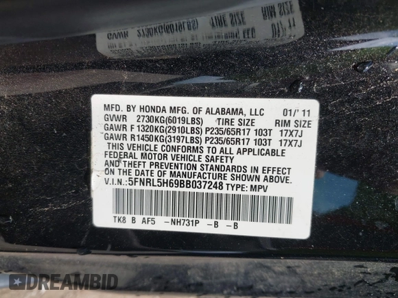 2011 Honda Odyssey EX-L with VIN 5FNRL5H69BB037248, listed as a IAAI auction lot 42613070 with 101,008 mi miles and . Bid and sale history available at DreamBid. Image 9.