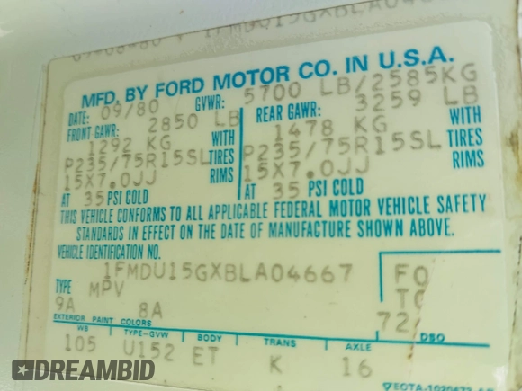 1981 Ford Bronco with VIN 1FMDU15GXBLA04667, listed as a IAAI auction lot 42564029 with 8,852 mi miles and . Bid and sale history available at DreamBid. Image 9.
