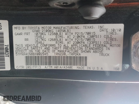 2011 Toyota Tacoma with VIN 5TFNX4CN8BX002945, listed as a Copart auction lot 49425175 with 174,606 mi miles and Salvage Title. Bid and sale history available at DreamBid. Image 12.