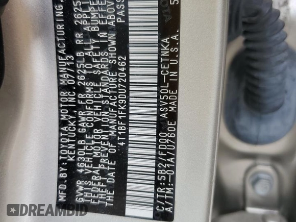 2013 Toyota Camry L with VIN 4T1BF1FK9DU720462, listed as a Copart auction lot 55851995 with 50,170 mi miles and Salvage Title. Bid and sale history available at DreamBid. Image 13.