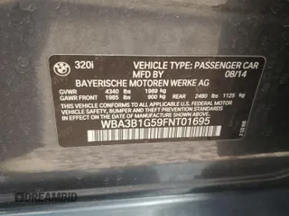 2015 BMW 3 Series 320i with VIN WBA3B1G59FNT01695, listed as a Copart auction lot 50655635 with 133,405 mi miles and Salvage Title. Bid and sale history available at carsss.com. Image 12.