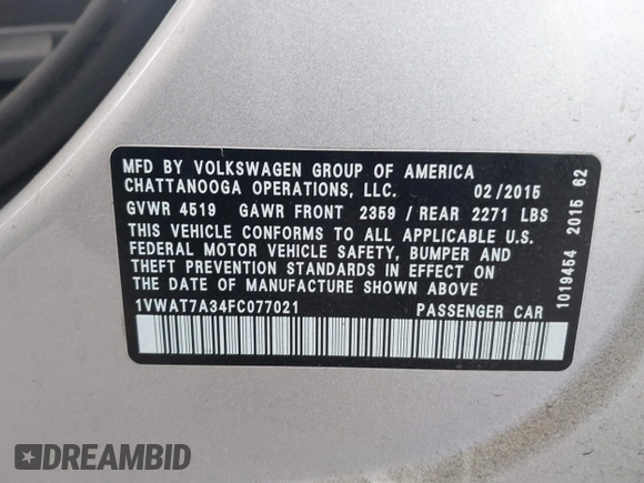 2015 Volkswagen Passat 1.8T Limited Edition with VIN 1VWAT7A34FC077021, listed as a IAAI auction lot 42090573 with 230,465 mi miles. Bid and sale history available at carsss.com. Image 9.