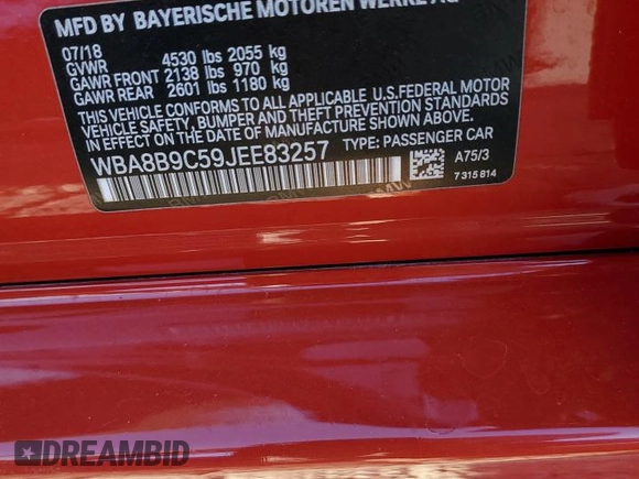 2018 BMW 3 Series 330i with VIN WBA8B9C59JEE83257, listed as a Copart auction lot 84480014 with 47,365 mi miles and Salvage title. Bid and sale history available at DreamBid. Image 13.