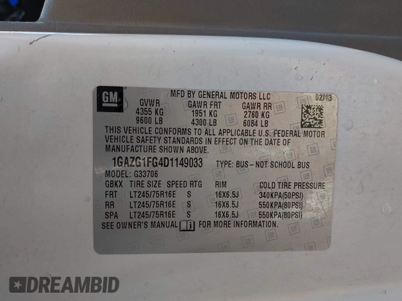2013 Chevrolet Express Passenger LT with VIN 1GAZG1FG4D1149033, listed as a IAAI auction lot 41679269 with 204,020 mi miles and . Bid and sale history available at DreamBid. Image 9.