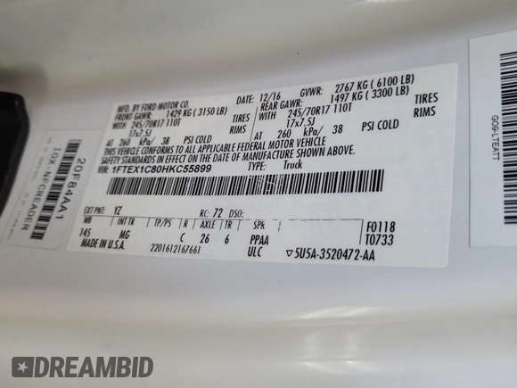 2017 Ford F-150 XL with VIN 1FTEX1C80HKC55899, listed as a IAAI auction lot 42714227 with 224,584 mi miles and . Bid and sale history available at DreamBid. Image 48.