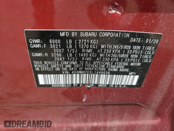 2020 Subaru Ascent Touring z VIN 4S4WMARD6L3448638, wystawiony jako Copart lot #55515195 z przebiegiem Nie podano mil oraz Szkoda całkowita • Salvage title. Historia ofert i sprzedaży dostępna na DreamBid. Obrazek 14.
