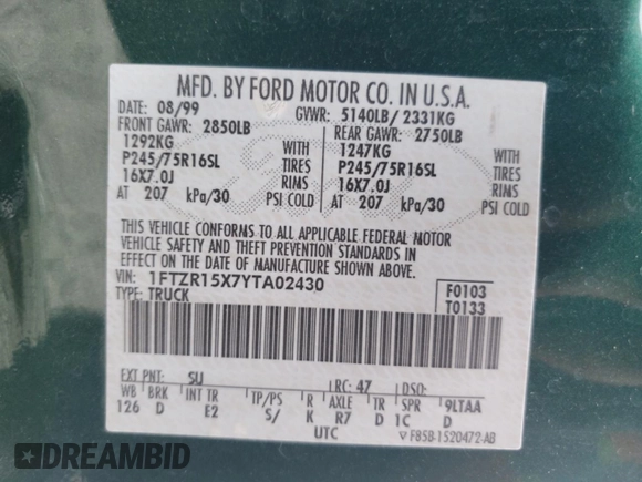 2000 Ford Ranger XLT with VIN 1FTZR15X7YTA02430, listed as a Copart auction lot 59917055 with 152,672 mi miles and Non repairable. Bid and sale history available at DreamBid. Image 12.