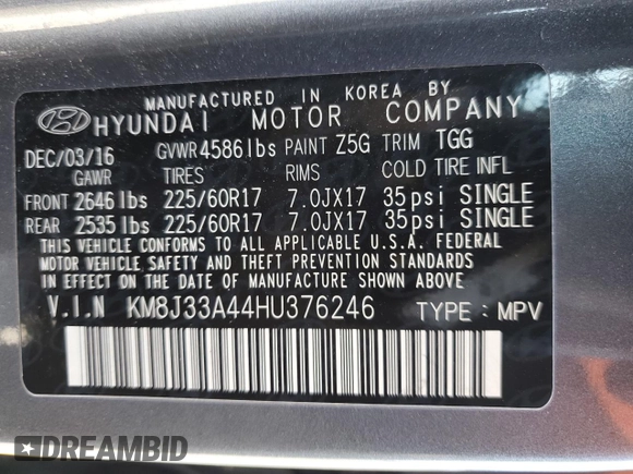 2017 Hyundai Tucson SE z VIN KM8J33A44HU376246, wystawiony jako Copart lot #52453345 z przebiegiem 97 306 mil mil oraz Szkoda całkowita • Salvage title. Historia ofert i sprzedaży dostępna na DreamBid. Obrazek 15.