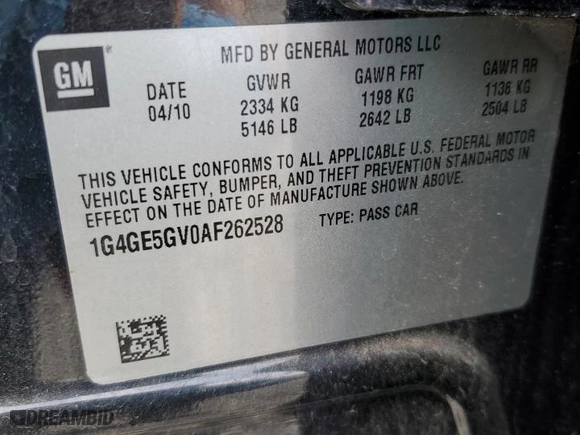 2010 Buick LaCrosse CXS with VIN 1G4GE5GV0AF262528, listed as a Copart auction lot 51516395 with 176,535 mi miles and Salvage Title. Bid and sale history available at carsss.com. Image 14.
