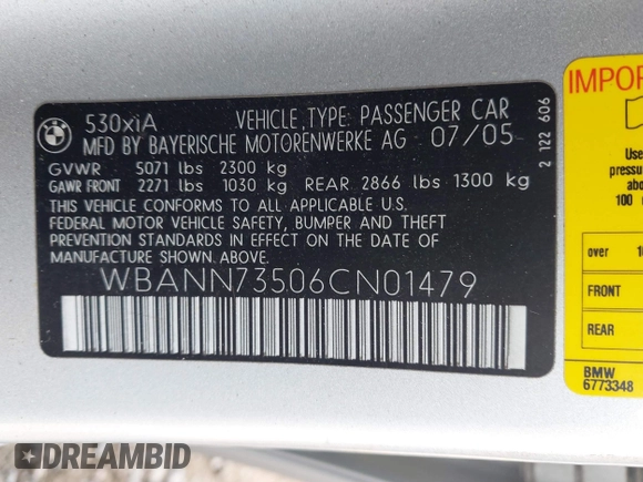 2006 BMW 5 Series 530xi with VIN WBANN73506CN01479, listed as a IAAI auction lot 40933082 with 200,464 mi miles and . Bid and sale history available at carsss.com. Image 9.
