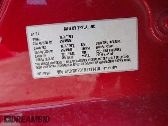 2021 Tesla Model Y Standard Range with VIN 5YJYGDED1MF111410, listed as a IAAI auction lot 41942323 with 24,836 mi miles. Bid and sale history available at carsss.com. Image 9.
