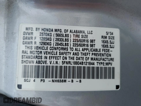 2004 Honda Odyssey EX-RES z VIN 5FNRL18804B121844, wystawiony jako Copart lot #53390135 z przebiegiem 284 065 mil mil oraz Szkoda całkowita • Salvage title. Historia ofert i sprzedaży dostępna na DreamBid. Obrazek 14.