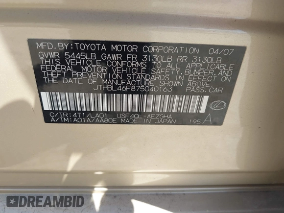 2007 Lexus LS 460 z VIN JTHBL46F875040163, wystawiony jako IAAI lot #42002411 z przebiegiem 145 247 mil mil oraz . Historia ofert i sprzedaży dostępna na DreamBid. Obrazek 9.