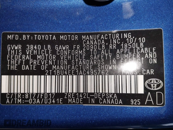 2010 Toyota Corolla with VIN 2T1BU4EE1AC495762, listed as a IAAI auction lot 42378127 with 145,929 mi miles and . Bid and sale history available at DreamBid. Image 9.