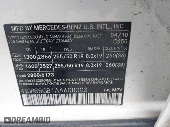 2010 Mercedes-Benz M 350 with VIN 4JGBB5GB1AA608303, listed as a IAAI auction lot 41992166 with 151,873 mi miles and . Bid and sale history available at DreamBid. Image 9.